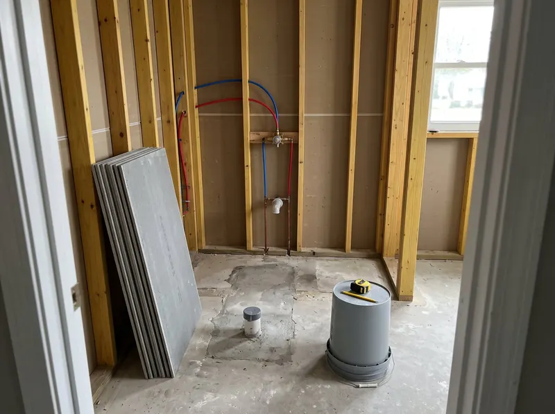 Design rendering of a bathroom opened to the studs with new red and blue water lines and a new shower valve