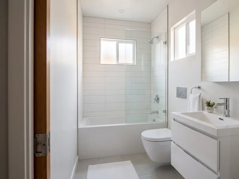 Design rendering of a compact hall bathroom with a wall hung vanity, a wall hung toilet and a tub with a glass panel